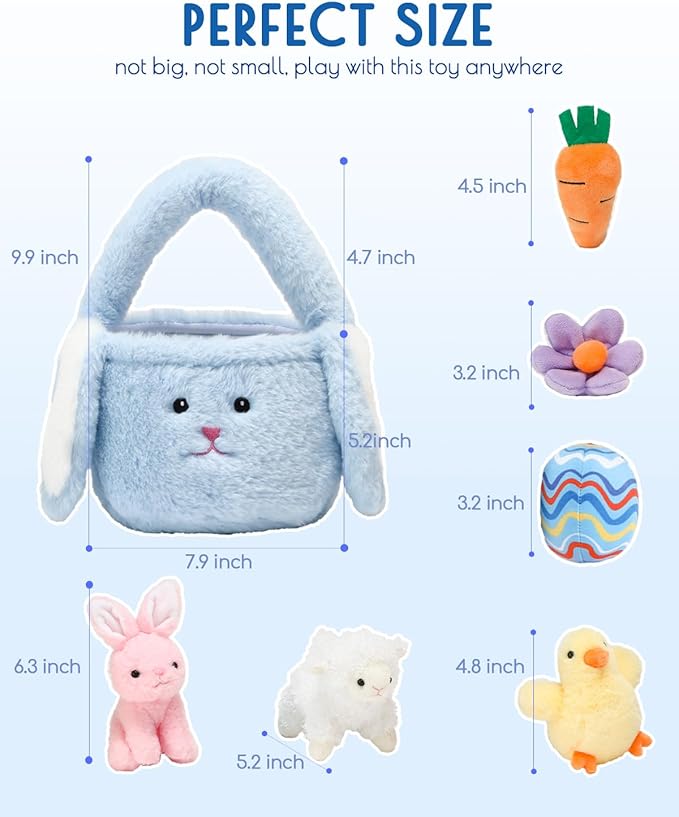 7 Piece Plush Stuffed Animals Playset Toys with Rabbit, Chick, Lamb, Carrot, Egg, Flower, Furry Bag, Soft Basket Set Toys for Girls Kids Ages 3+, Birthday Christmas Valentines Easter Party Favors-PawvioPets