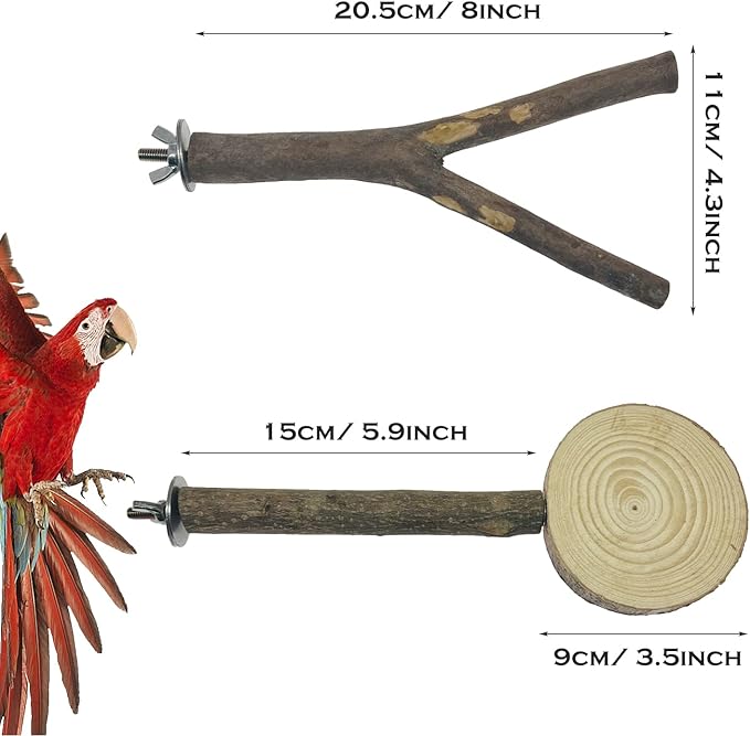 Allazone 4 PCS Natural Wood Bird Perch Stand, Bird Parrot Perch Stand Set, Wooden Parrot Perch Stand Perch Platform Cage Accessories for Parrotlets Cockatiels Budgies Parakeets-PawvioPets