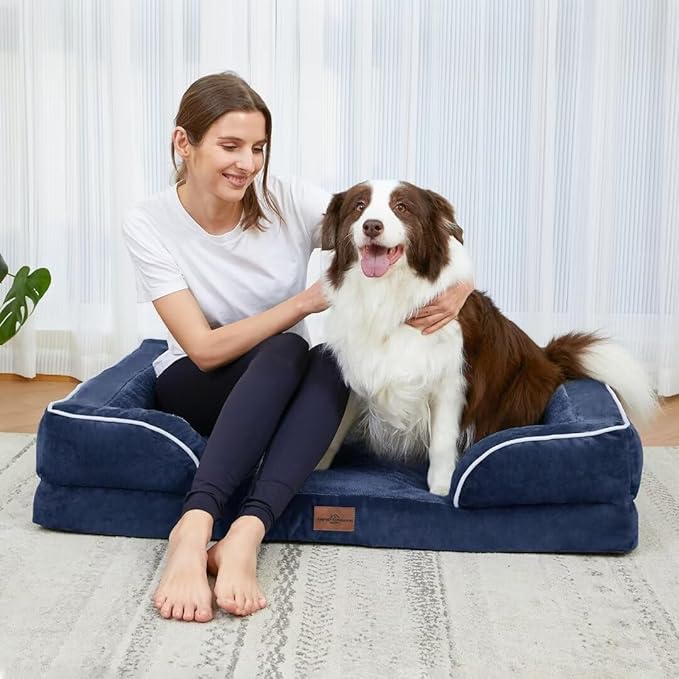 Comfort Expression Large Dog Beds, Waterproof Dog Beds Orthopedic Foam, Dogs Sofa Comfy Pet Beds with Washable Removable Cover & Non-Slip Bottom(Large,Navy Blue)-PawvioPets
