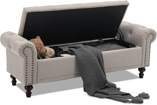 58.1'' Storage Bench Upholstered Linen End of Bedroom Bed Bench Ottoman with Tufted Cushioned Rolled Arm Large Storage Space for Reading Living Room Entryway, Light Brown-PawvioPets