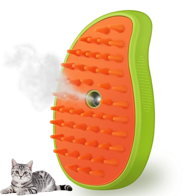 3 in 1 Cat Steamer & Brush - Silicone Massage Grooming Tool, Pet Hair Cleaning Comb for Cats & Dogs (Mango Green)-PawvioPets
