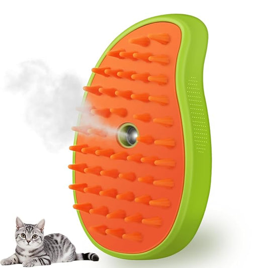 3 in 1 Cat Steamer & Brush - Silicone Massage Grooming Tool, Pet Hair Cleaning Comb for Cats & Dogs (Mango Green)-PawvioPets