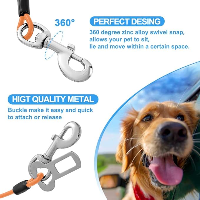 Dog Seat Belt Harness for Car,Dog Seatbelt of Coated Wire Leash Safety Restraint,No Chew Tether Cable Vehicle,Double Clips & Latch(Orange, 24 inch/60 CM)-PawvioPets