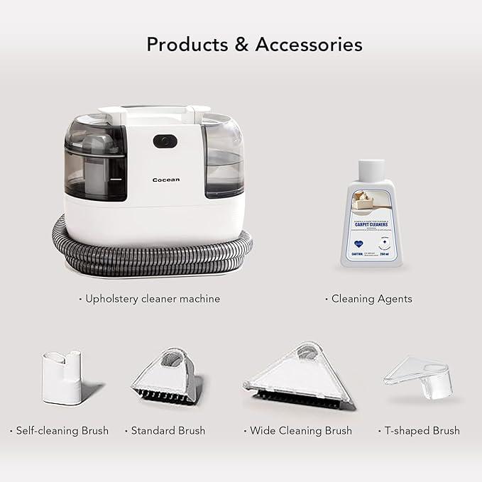 COCEAN Multi-Purpose Portable Carpet and Upholstery Cleaner, Carpet Cleaner Machine Powerful Suction Spot Cleaning, Deep Stain Cleaning for Carpet, Car Seats, Pets, Couches, with Dual Size BrushHead-PawvioPets