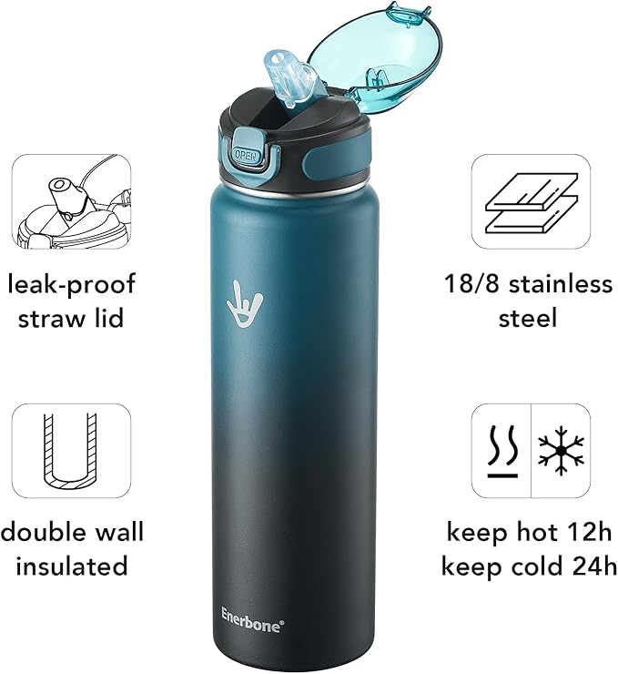 Enerbone 32 oz Insulated Water Bottle, Stainless Steel Bottle with Carrying Strap, Double-Wall Vacuum Insulation Design, Leakproof Sports Bottle with Straw, Keep Drinks Cold or Hot for Hours-PawvioPets