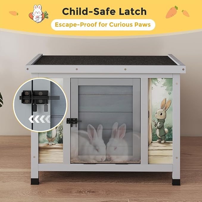 COZIWOW 24in Wooden Cat House Outdoor & Indoor Pet Shelter with Foldable Ramp - Weatherproof Rabbit Hutch with Unique Machine-Printed Art Designs for Cat, Rabbit, Guinea Pig (Grey)-PawvioPets