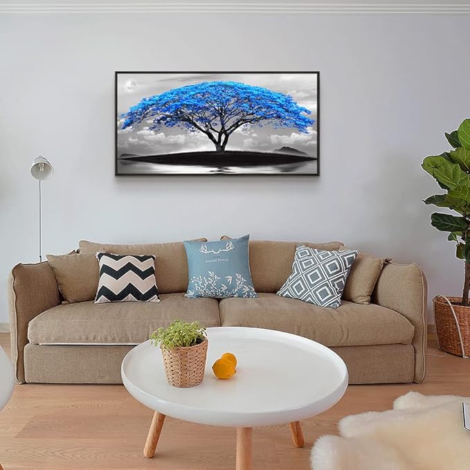 Framed Canvas Wall Art For Office Large Size Living Room Wall Decor Bedroom Decor Wall Pictures Artwork Black And White Landscape Blue Tree Moon Wall Painting Home Decorations Black Frame 24" X 48"-PawvioPets
