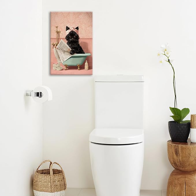 Cat Bathroom Wall Decor Black Cat Reading Newspaper in Bathtub Canvas Wall Art Funny Bathroom Pictures Kitten Painting Print Pink Artwork Framed Decorations Gifts 16"x24"-PawvioPets