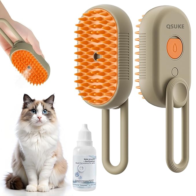 3 in 1 Cat Steam Brush, Pet Steam Cats Brushes Rechargeable Anti-Static Grooming Brushe, Vibration Massage Cleaning Shedding & Combing Multifunctional Hair Removal Comb for Cats Dog (Khaki)-PawvioPets