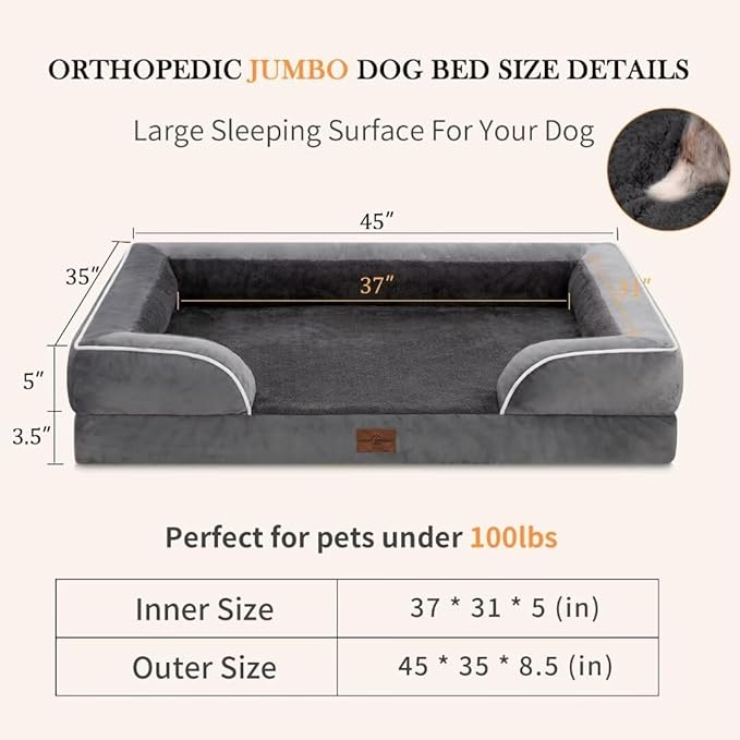 Comfort Expression Cooling Dog Bed, Jumbo Dog Bed for Extra Large Dogs, Memory Foam Orthopedic Bed, Large Breed Dogs, Waterproof Beds with Bolster & Removable Cover(Jumbo,Leaden Grey)-PawvioPets