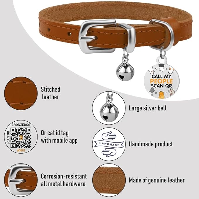 BRONZEDOG Leather Cat Collar with Removable Bells Non Breakaway Kitten QR Tag for Girl Boy (9" - 12" Cats/Mini Dogs, Light Brown & Silver)-PawvioPets