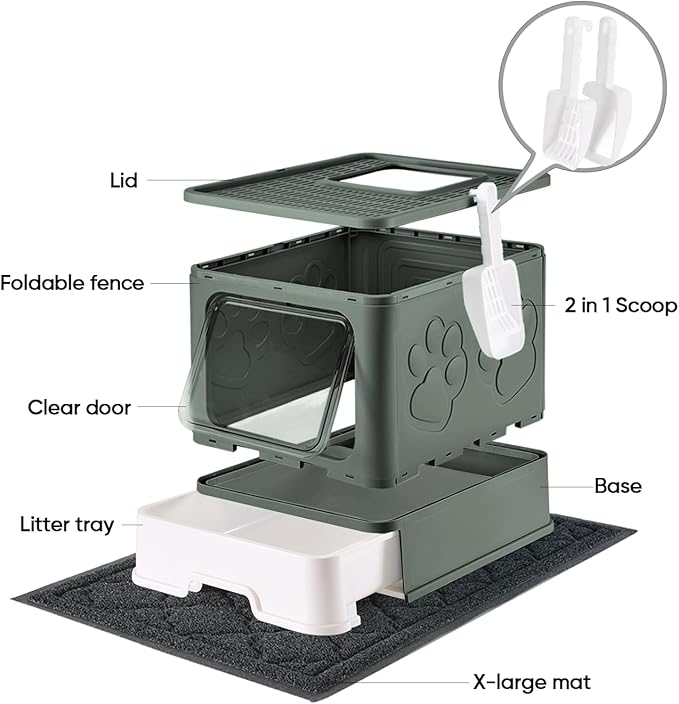 Cat Litter Box with X-Large Litter Mat and Scoop, Large Foldable Litter Box with Lid, Enclosed Kitty Box,Front Top Entry Exit, Odor Control Easy to Clean (Upgrade Olive Green)-PawvioPets
