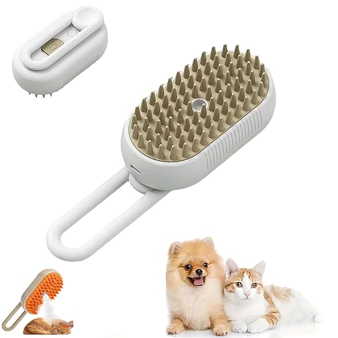 Cat Hair Steam Brush for Shedding，Cloud Care Cat Brush, 2024 Best Cat Steam Brush, Pet Steam Brush, 3-in-1 Self-Cleaning Cat Brush with 360° Rotating Arm, Detachable Silicone Bristle Head (White)-PawvioPets