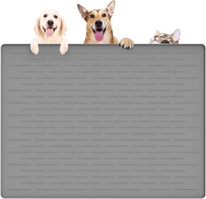 39.4"x29.5" Large Pet Food Mat, Silicone Dog Mats for Food and Water, Nonslip Pet Feeding Mats for Floors,Dog Cat Bowl Mat with Raised Edges, Light Gray-PawvioPets