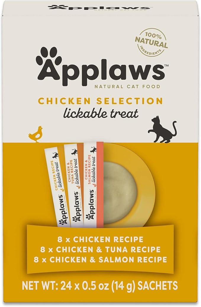 Applaws Lickable Cat Treats, Natural Grain-Free Purée, Limited Ingredient, Chicken Squeeze Up Cat Treats (24 x 0.25 oz Sachets)-PawvioPets