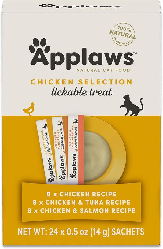Applaws Lickable Cat Treats, Natural Grain-Free Purée, Limited Ingredient, Chicken Squeeze Up Cat Treats (24 x 0.25 oz Sachets)-PawvioPets