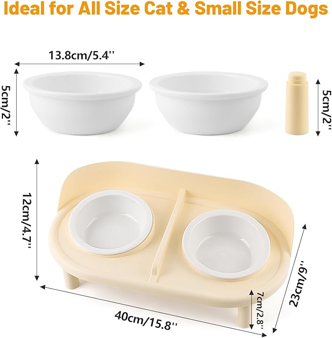 Elevated Cat Bowls, Tilted Rised Cat Food and Water Bowl with 2 Pcs Ceramic Pet Bowls, Rised Stand, Pet Dish Anti Vomiting Feeding Station for All Sized Cats & Small Dogs (Milk Coffee)-PawvioPets