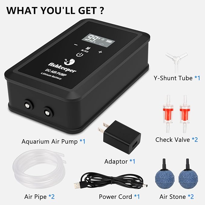 fishkeeper Rechargeable Aquarium Air Pump, 8W 130GPH Ultra Quiet Fish Tank Air Pump for 10-120 Gallon Tanks Adjustable Oxygen Aerator Pump for Outdoor-Fishing, Power Outages and Emergency-PawvioPets