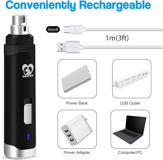 Casfuy Dog Nail Grinder Upgraded - Professional 2-Speed Electric Rechargeable Pet Nail Trimmer Painless Paws Grooming & Smoothing for Small Medium Large Dogs & Cats (Black)-PawvioPets