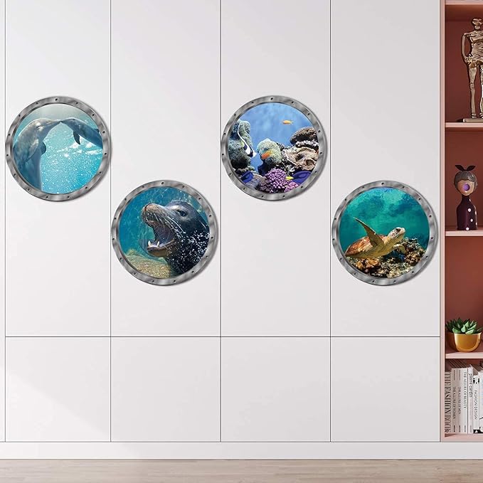 4 PCS Removable 3D Under The Sea Nature Scenery Wall Decals - Animals Wall Sticker Home Wall Art Decor for Bathroom Bedroom Door Kids Baby Nursery Room - Includes Turtles, Dolphins, Sea Lions, Coral-PawvioPets