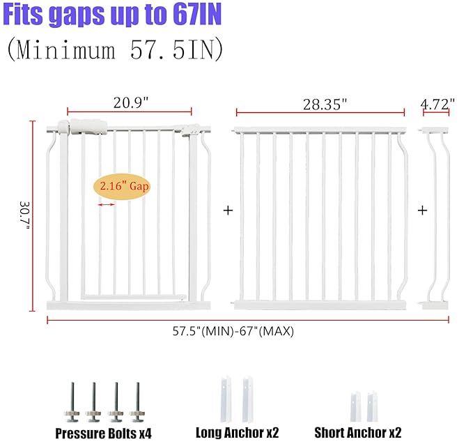 Extra Wide Baby & Dog Gate 62-67 Inch, Pressure Mounted No Drilling, Adjustable Indoor Safety Gate for Stairs & Wide Doorways - Metal Design for Kids and Pets, White-PawvioPets