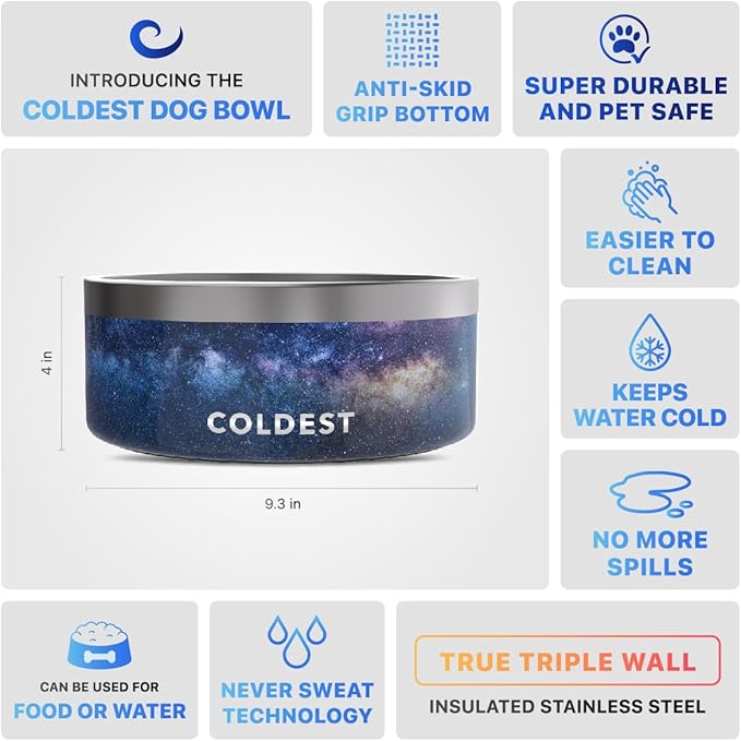 Coldest Dog Bowl - Anti Rust Metal, Non Slip, 3 Layers Insulated Stainless Steel Dog Bowls - Spill Proof & Heavy Duty - Water Bowl for Dogs, Cats & Pets, Dish Washer Safe (100 oz, Into The Beyond)-PawvioPets