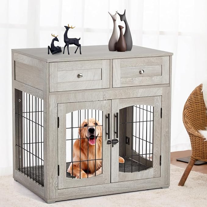 Dog Crate Furniture for Large Dogs, Wooden Dog Kennel Indoor with Double Doors, Dog Cage with Cushion & Drawers, Dog House Side End Table for Large Medium Dogs up to 70 lb, 39.4” L, Grey-PawvioPets