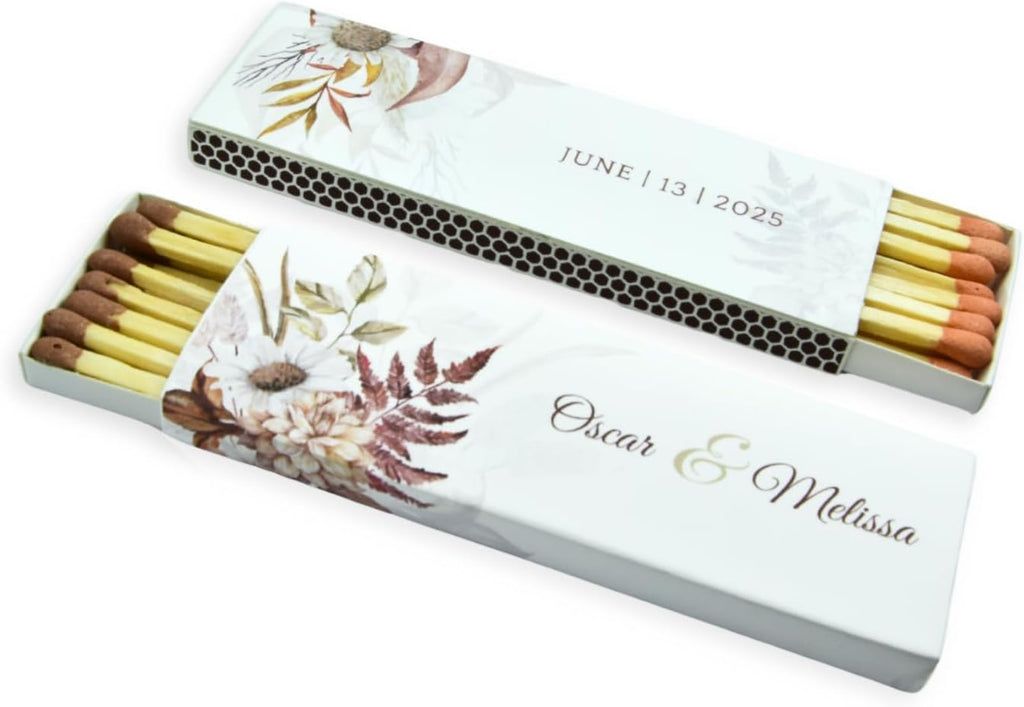 10 Boxes - Customized Matchboxes Colorful Tips (Wedding Design #5, 4" Matchboxes) (4" Matchsticks, Wedding Design #4)