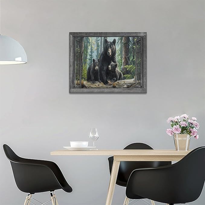 Black Bear Wall Art Forest Window Canvas Cabin Living Room Pictures Prints Animal Wall Decor Painting Artwork for Bedroom Dining Office Home 16"x12"-PawvioPets