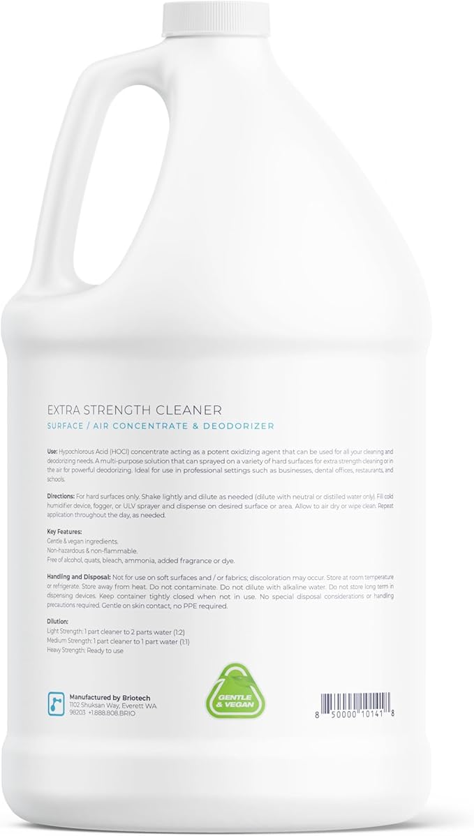 BRIOTECH Extra Strength HOCl Cleaner, 500 PPM Hypochlorous Acid Concentrate, ULV Foggers & Humidifiers, Professional Deodorizer for Dental, Offices, Schools, Homes, Peroxide Free, 1 Gallon (2 Pack)-PawvioPets