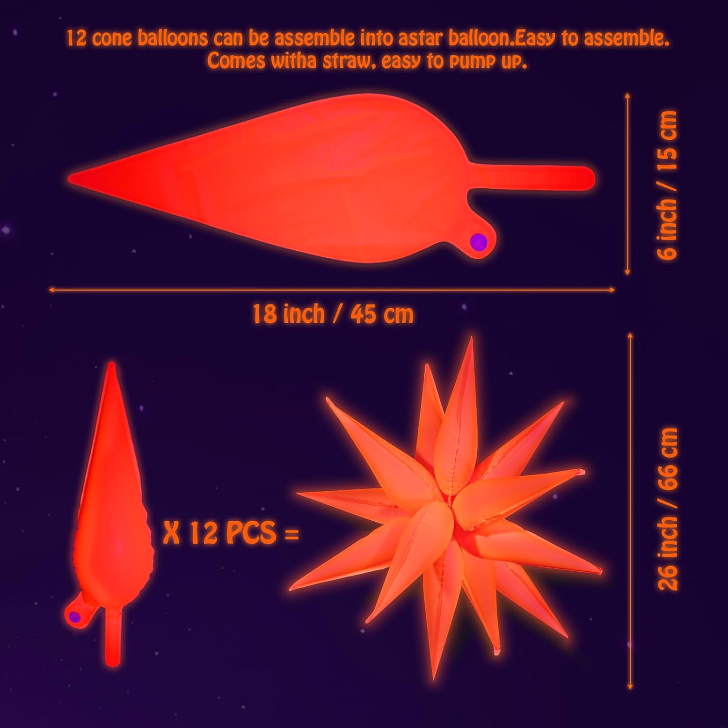 Mega-L Glow Glow in The Dark Party Supplies, 5 Pcs Neon Star Balloons Kit – Neon Foil Explosion & 12 pt Cone Balloons for Arches/Garlands. Perfect for Birthday, Wedding, Anniversary, Graduation Party