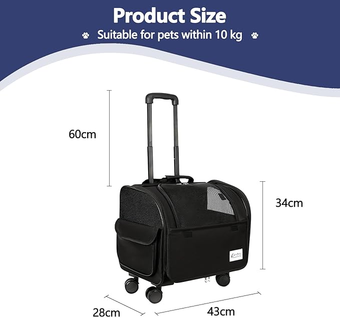Dog Travel Bag with Removable Rolling Wheels, Airline Approved Pet Carrier, Foldable Cat Bag with Breathable Mesh, Pet Stroller(Black)-PawvioPets