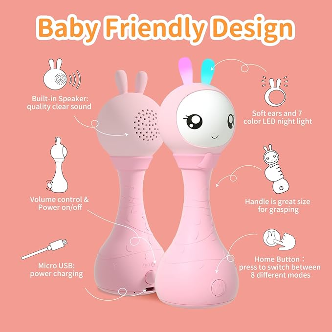alilo Yoyo Talking Bunny Baby Musical Light-Up Rattle Toys 0-6-12-18 Months, Voice Mimicking Toy, Preloaded 90+ Audio Content, ABC/Number/Notes Learning Toys for Baby Infant Newborn Boy Girl Gifts-PawvioPets