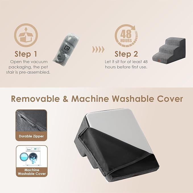 EHEYCIGA Curved Dog Stairs Ramp for Small Dogs 15.7" H, 3-Step Dog Steps for Couch Sofa and Chair, Pet Stairs for Cats, Non-Slip Balanced Pet Steps Indoor, Grey-PawvioPets