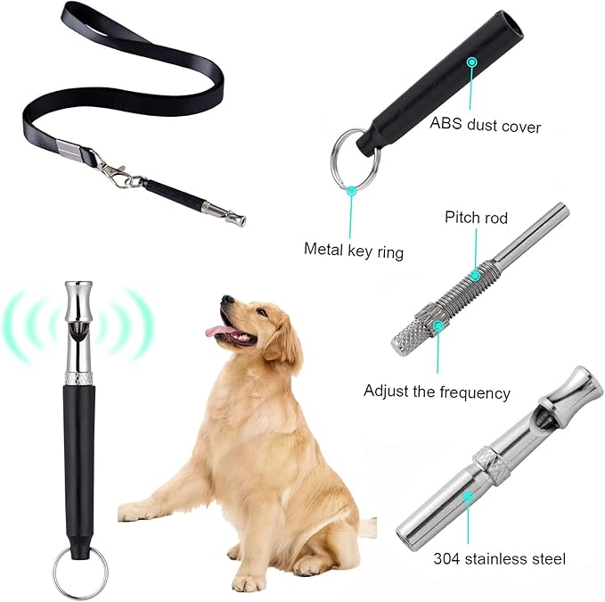 3 PCS Dog Whistles Set, Adjustable Recall Dog Training Whistle Silent Dog Whistle to Stop Barking with Lanyard,Dog Clicker(Black)-PawvioPets