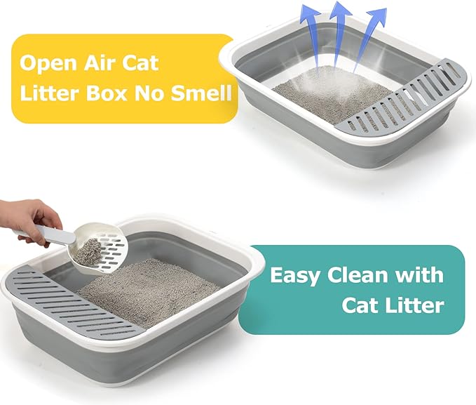 Foldable Cat Litter Box, Large Height-Adjustable Anti-Splash Open Air Kitty Litter Pan, Easy Clean with Scoop (Gray)-PawvioPets
