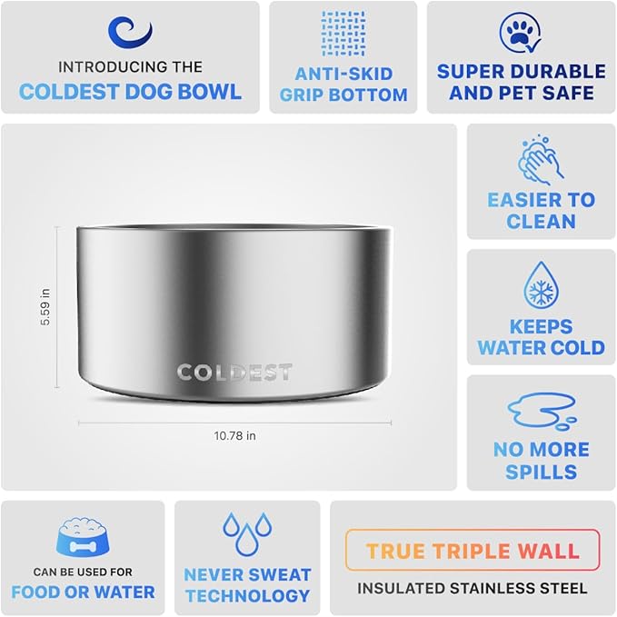 Coldest Dog Bowl - Anti Rust Metal, Non Slip, 3 Layers Insulated Stainless Steel Dog Bowls - Spill Proof & Heavy Duty - Water Bowl for Dogs, Cats, Dish Washer Safe (200 oz, Polished Stainless Steel)-PawvioPets