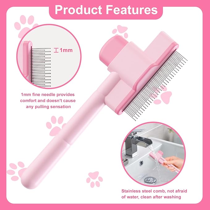 2PCS Flea Comb for Cats and Dogs with Pet Hair Remover Glove, Self Cleaning Pet Flea Cat Grooming Brush with Release Button for Massaging and Cleaning Shedding Pets Hairs-PawvioPets