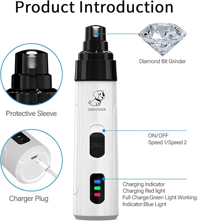 Electric Dog Nail Grinder - USB Rechargeable Electric Nail Trimmer with 3 Diamond Grinding Heads for Small to Large Dogs & Cats-PawvioPets