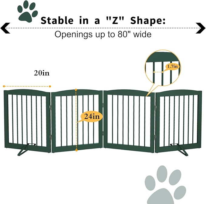 Freestanding Pet Gate for Dogs, Foldable Wooden Dog Gate for House, Indoor Dog Gate for Stairs, Doorways, Step Over Pet Puppy Safety Fence, 80 Inch Wide, 4 Panels 24", Green-PawvioPets