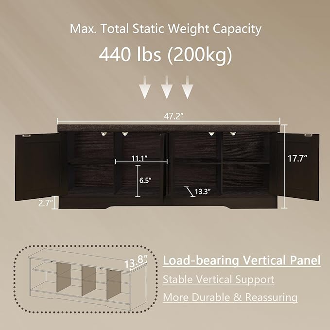 DINZI LVJ Shoe Bench, Entryway Storage Bench with Doors, Cushion, 2-Tier Shoe Rack with 8-Cubby, 47.2”L x 13.8”W Shoe Organizer Cabinet, Adjustable Shelf, Living Room, Bedroom, Espresso with Rattan-PawvioPets