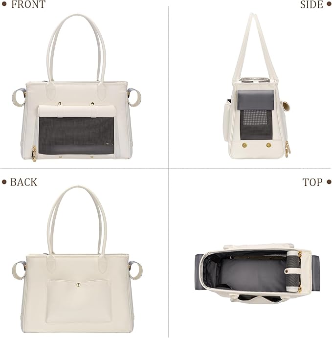 Fashion Pet Carrier Purse for Small Cat and Dog, Luxury Pu Soft-Sided Tote Bag with Large Pockets for Dogs and Puppies (White, 15.8" L x 7.5" W x 11.8" H)-PawvioPets