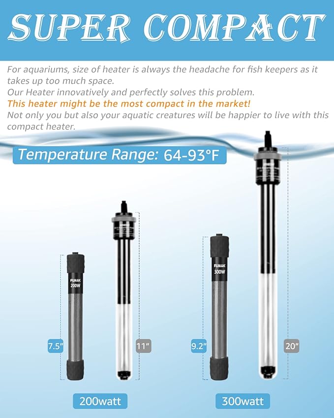 200W Adjustable Aquarium Heater Super Short Submersible Fish Tank Heater Fish Heater with LED Digital Display Thermostat, for Tanks 20-40 Gallons-PawvioPets