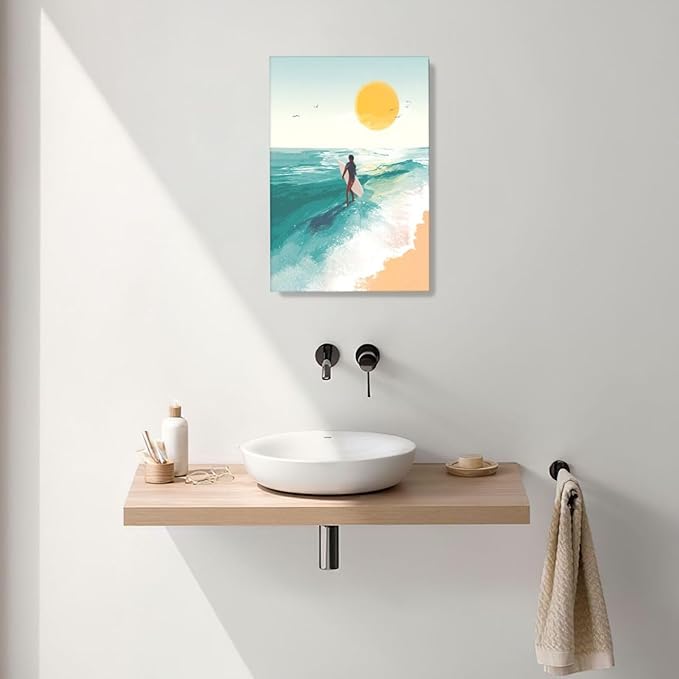 Beach Surfing Wall Art Ocean Coastal Wave Canvas Wall Decor Summer Nature Seascape Pictures Painting Print Framed Artwork Decorations for Bathroom Living Room Office Bedroom 16"x24"-PawvioPets