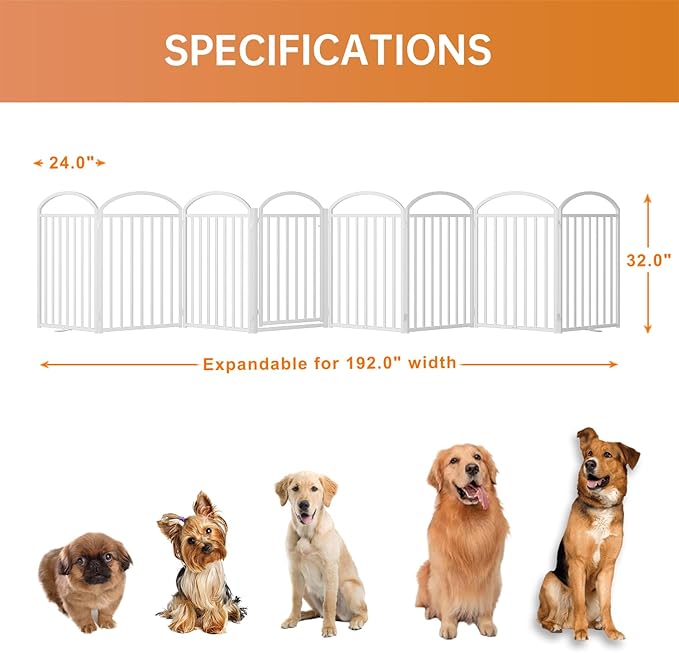 8 Panles Full Matel Freestanding Dog Gates with Door, 192"Extra Wide 32"Tall Free Standing Dog Pet Gate for Indoor & Outdoor. Foldable Pet Fences for Doorways, House, Stairs, Porch, Deck, Yard-PawvioPets