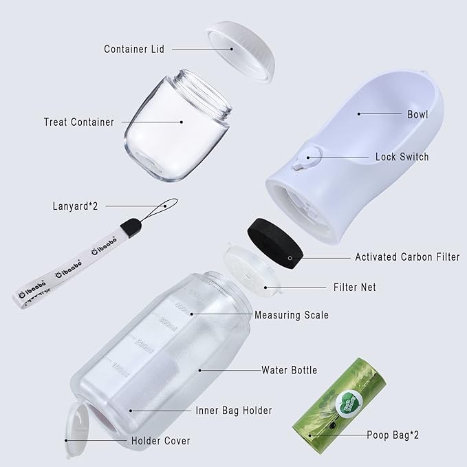 Dog Water Bottle with Food Container & Poop Bag Holder, Travel Water Bowl, Portable Pet Dispenser, Dog Stuff Accessories Items, Puppy Essentials Necessities for Yorkie Chihuahua Walking Hiking-PawvioPets