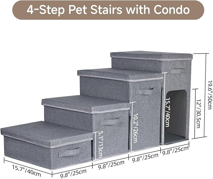 Dog Stairs with Storage, Folding Pet Steps with Zip for Small Dogs and Cats, 4-Step Pet Stairs with Pet House for High Bed, Couch and Car Ramp (Gray, 4 Steps with Condo)-PawvioPets