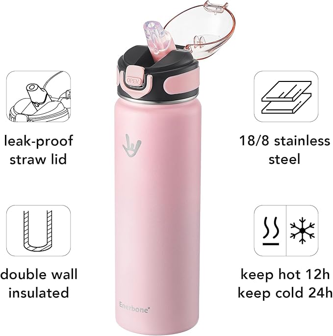 Enerbone 24 oz Insulated Water Bottle, Stainless Steel Bottle with Carrying Strap, Double-Wall Vacuum Insulation Design, Leakproof Sports Bottle with Straw, Keep Drinks Cold or Hot for Hours-PawvioPets