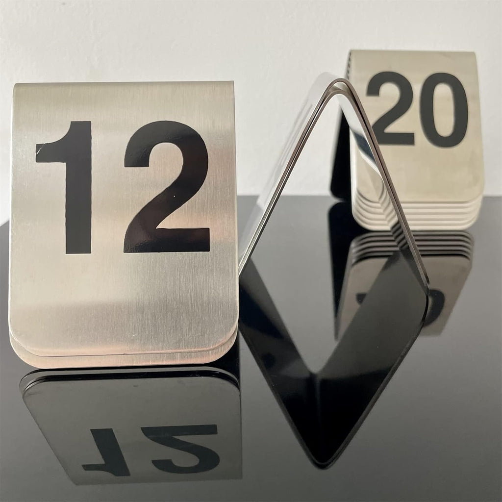 10 Pcs Metal Place Cards Stackable Tent Style Table Numbers，Place Card Holders for Celebration Wedding Party Restaurants Cafes Bars Gatherings meeting Room Board Game Serial (Medium 11-20, Black)