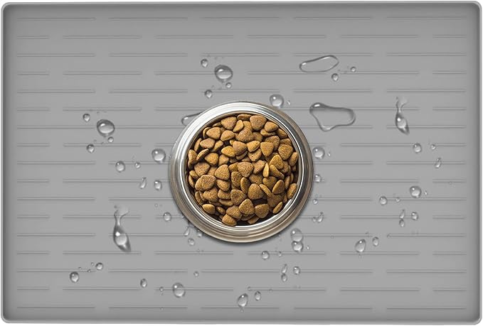 24" x 16" Dog Food Mat, Silicone Pet Mats for Food and Water, Nonslip Pet Feeding Mats for Floors, Dog Cat Bowl Mat with Raised Edges, Light Gray-PawvioPets